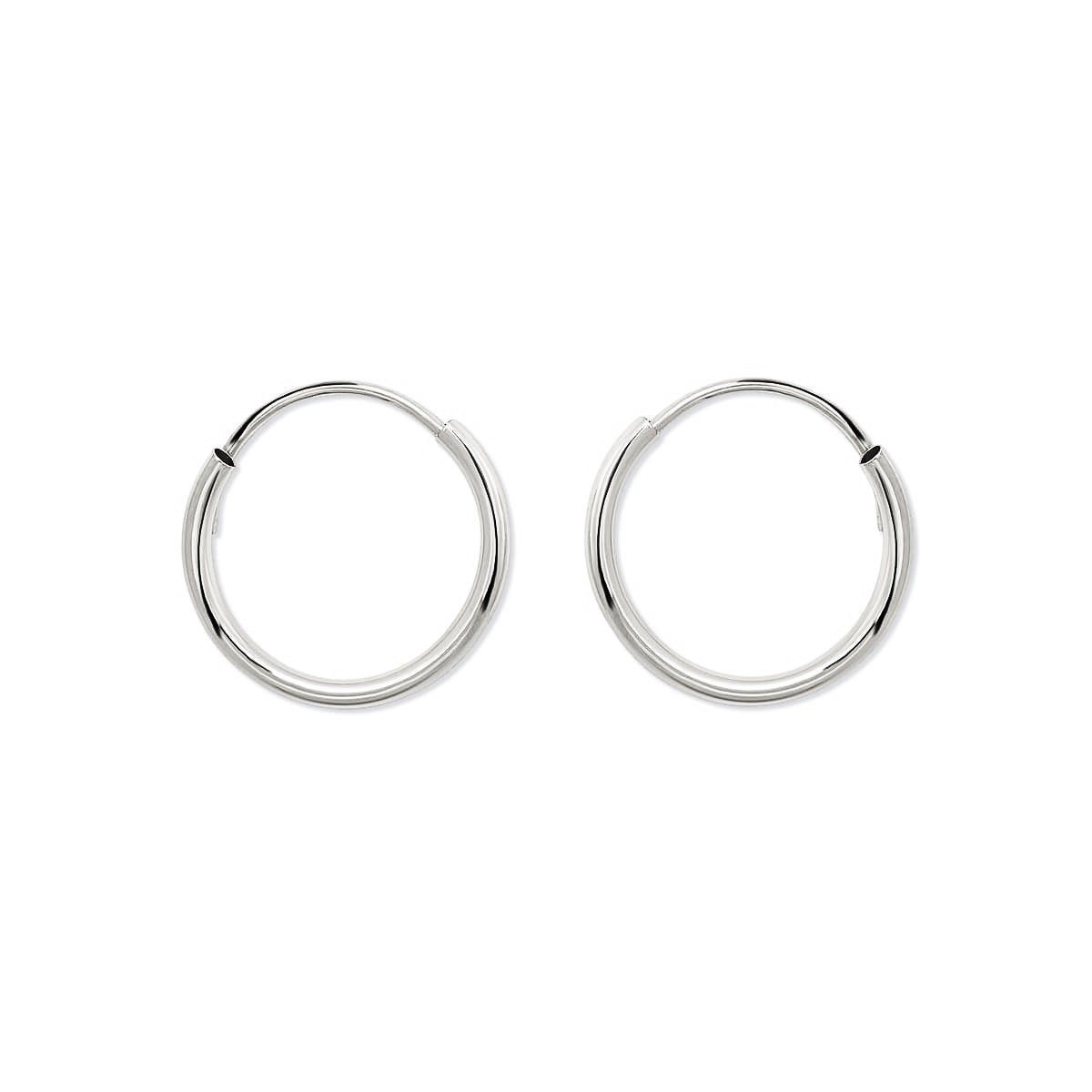 Pair of 14K white gold thin huggie hoops with an endless tube closure, on a white background