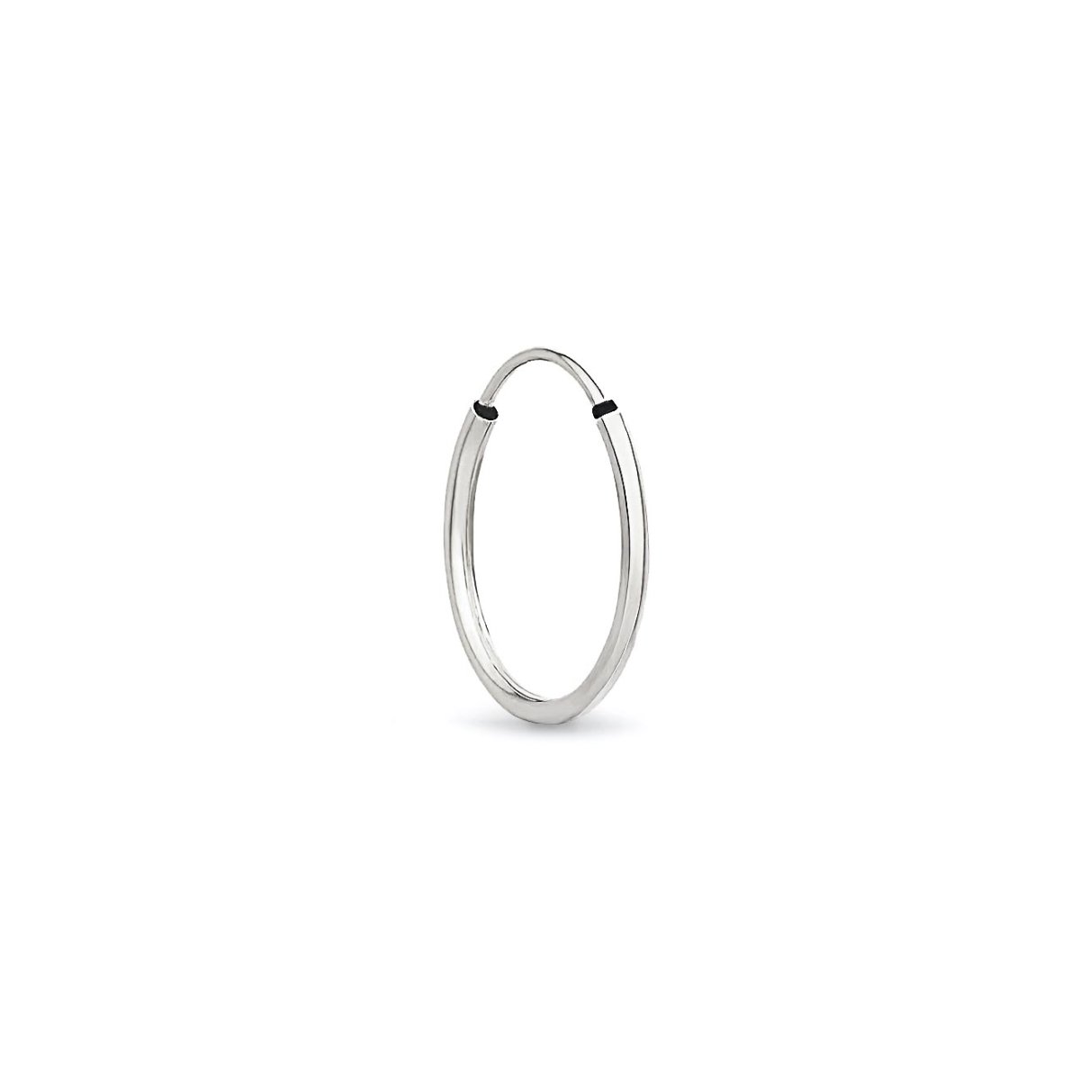 Single 14K white gold thin huggie hoop with an endless tube closure, on a white background