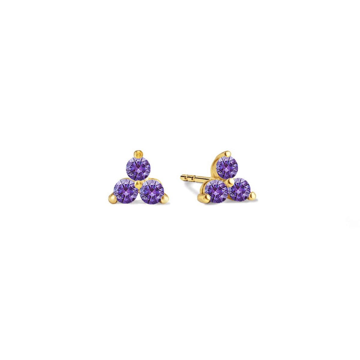 14K gold three-stone clover studs with round purple amethyst stones, on a white background