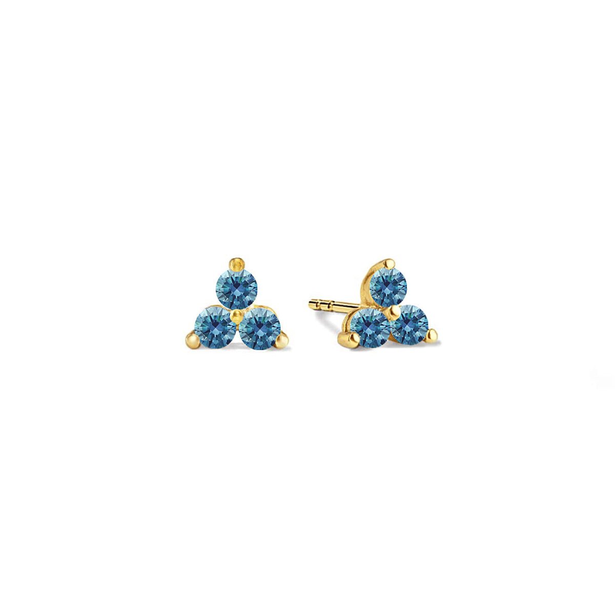 14K gold three-stone clover studs with round teal blue zircon stones, on a white background