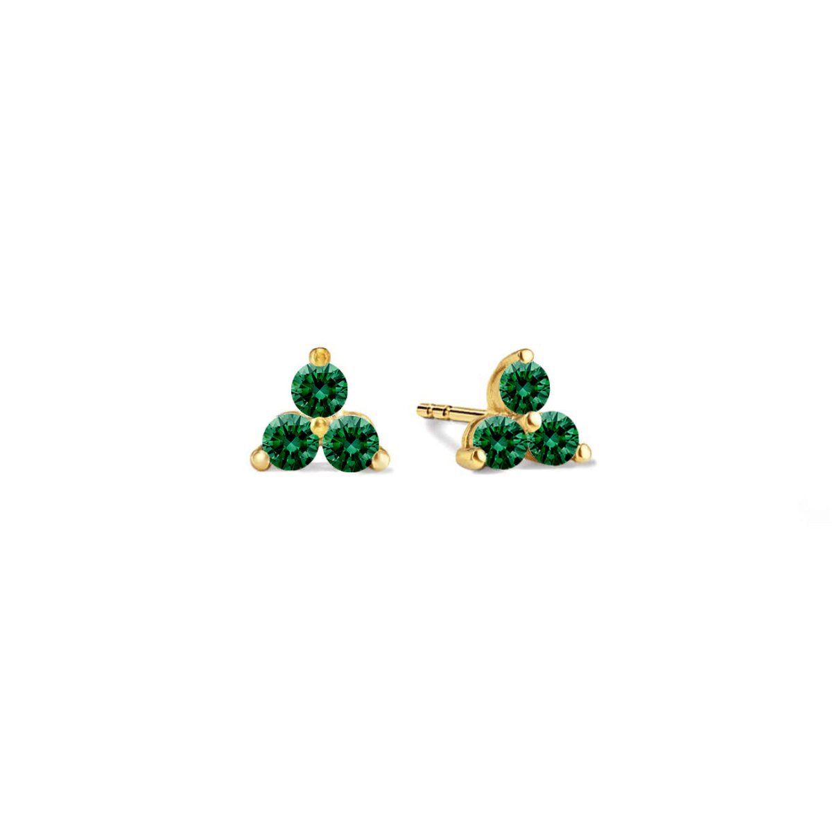 Gold vermeil three-stone clover studs with round green emerald stones, on a white background