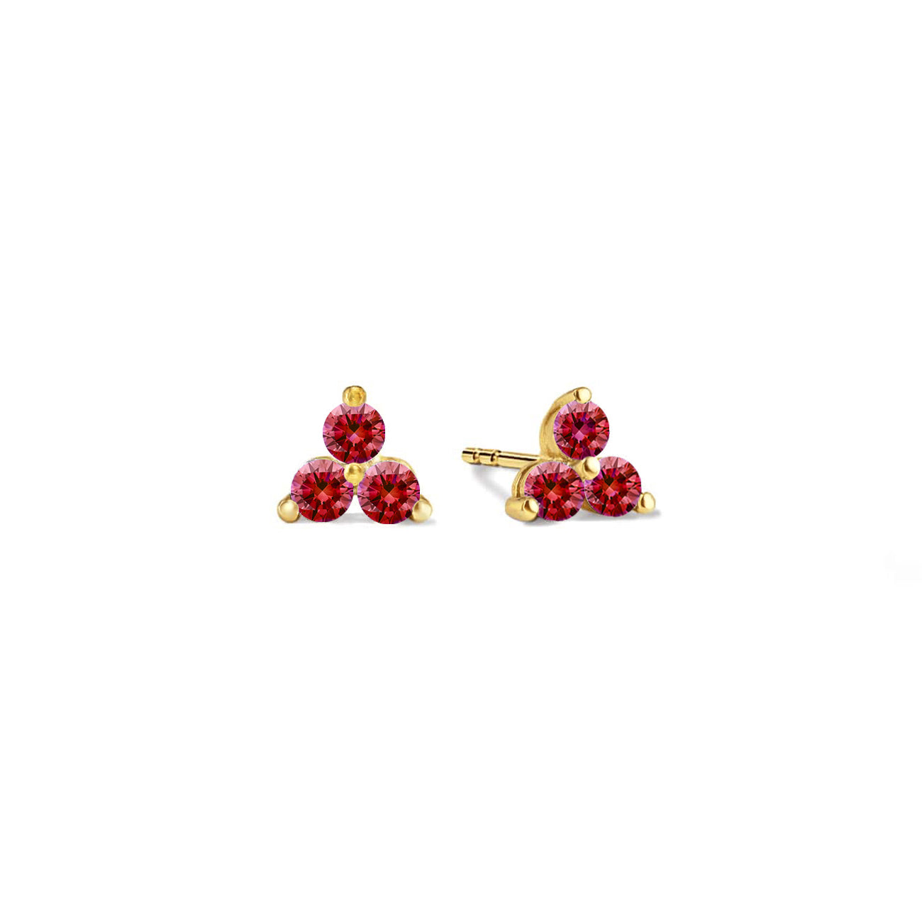 14K gold three-stone clover studs with round deep-red garnet stones, on a white background
