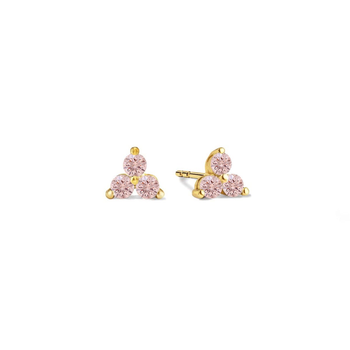 Gold vermeil three-stone clover studs with round pink sapphire stones, on a white background