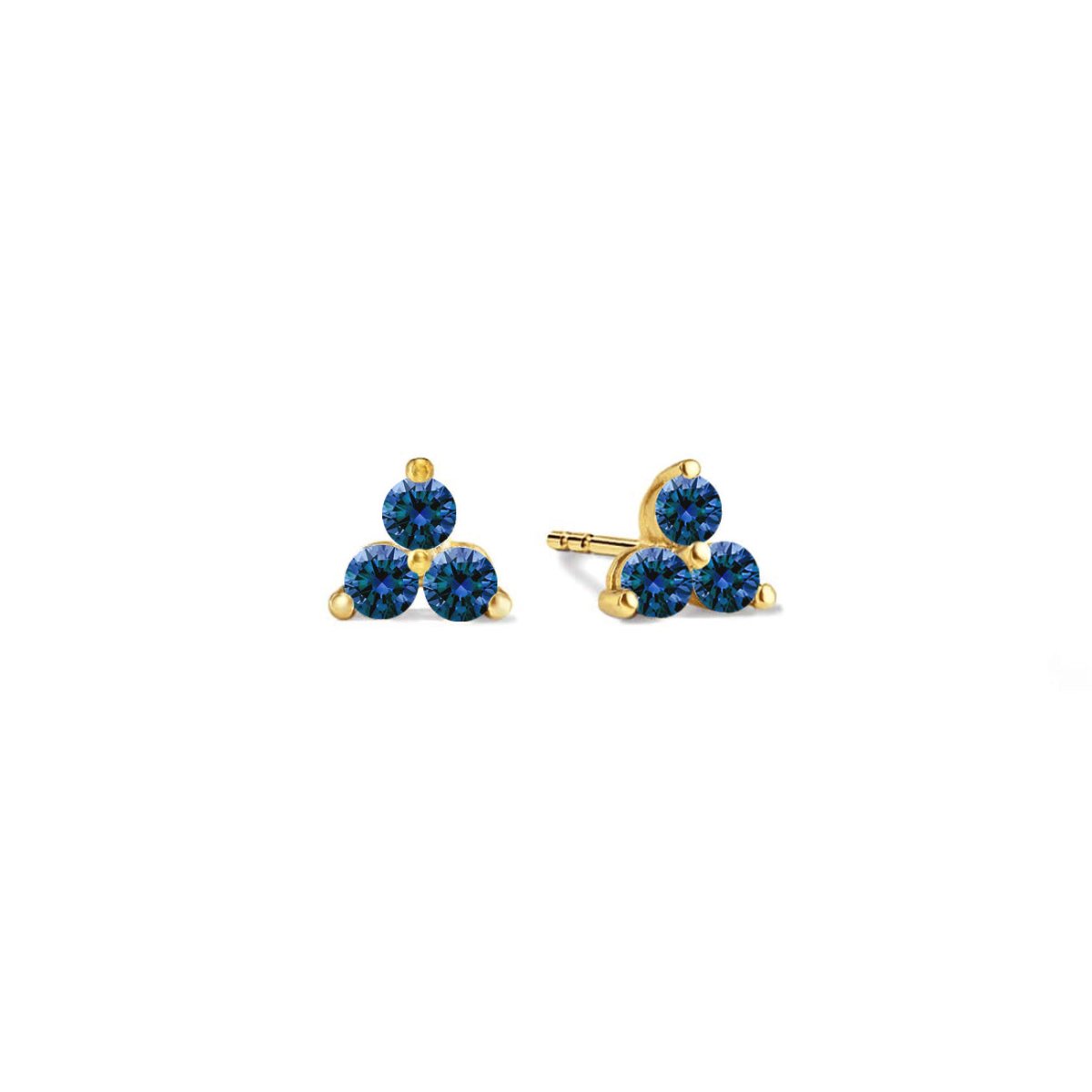 Gold vermeil three-stone clover studs with round deep-blue sapphire stones, on a white background