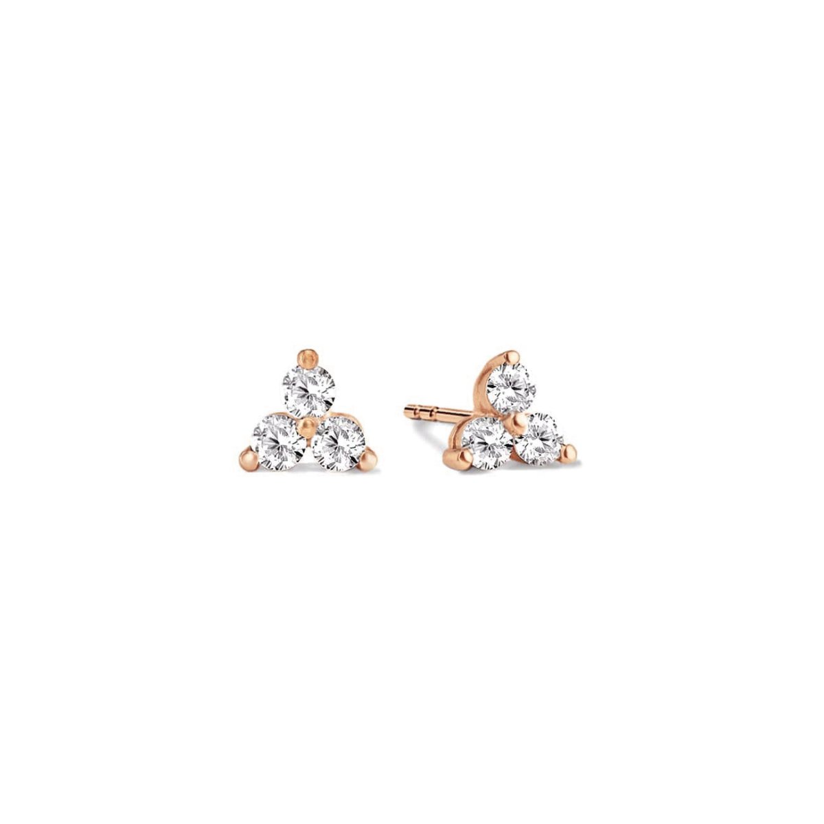14K rose gold three-stone zirconia cluster stud earrings, on a white background