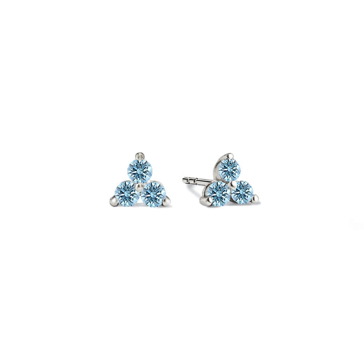 Sterling silver three-stone clover studs with round light-blue aquamarine stones, on a white background