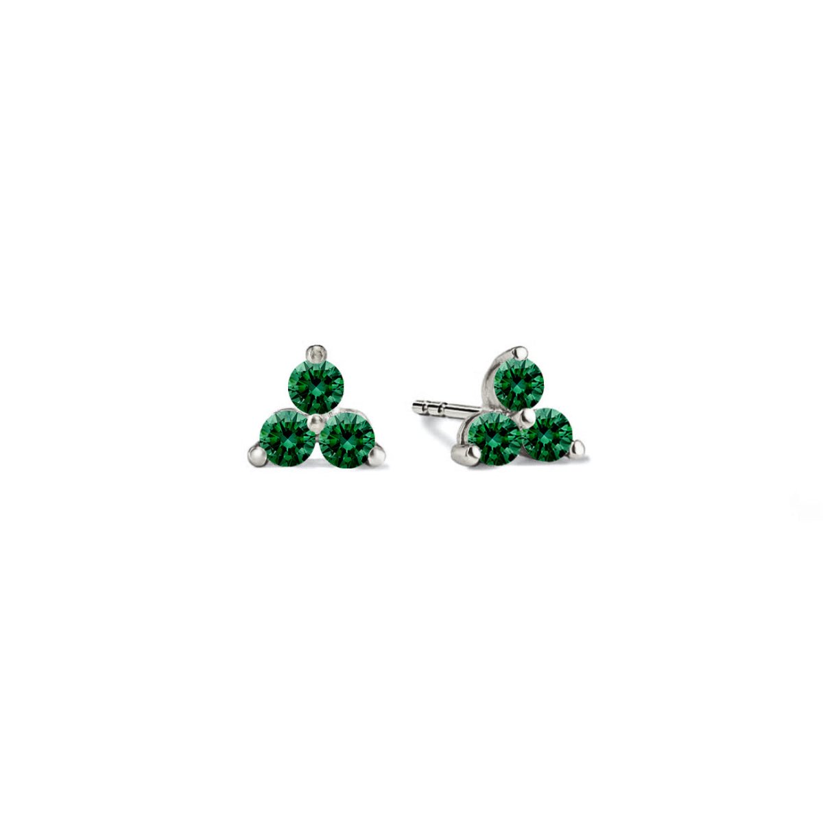 Sterling silver three-stone clover studs with round green emerald stones, on a white background