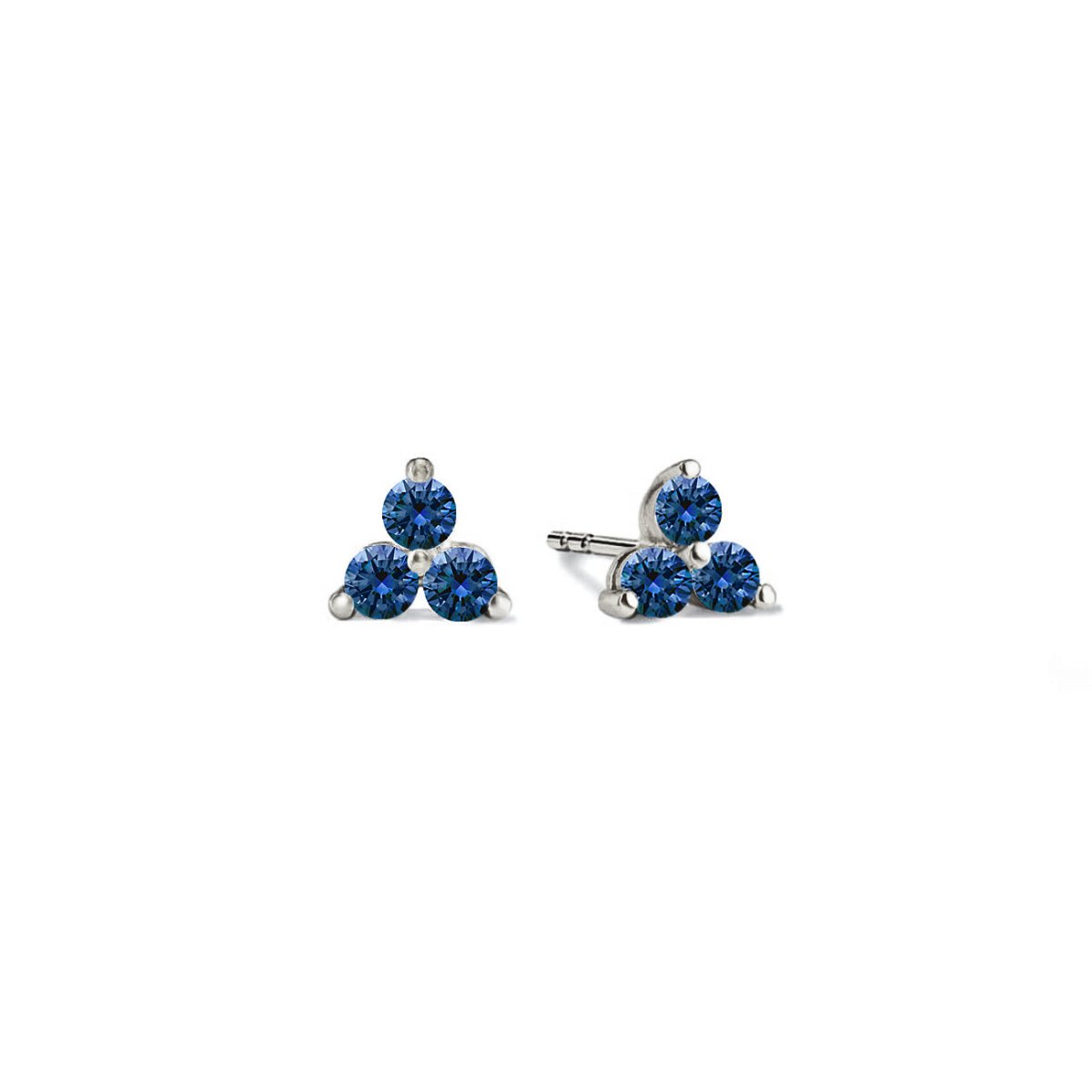 Sterling silver three-stone clover studs with round deep-blue sapphire stones, on a white background