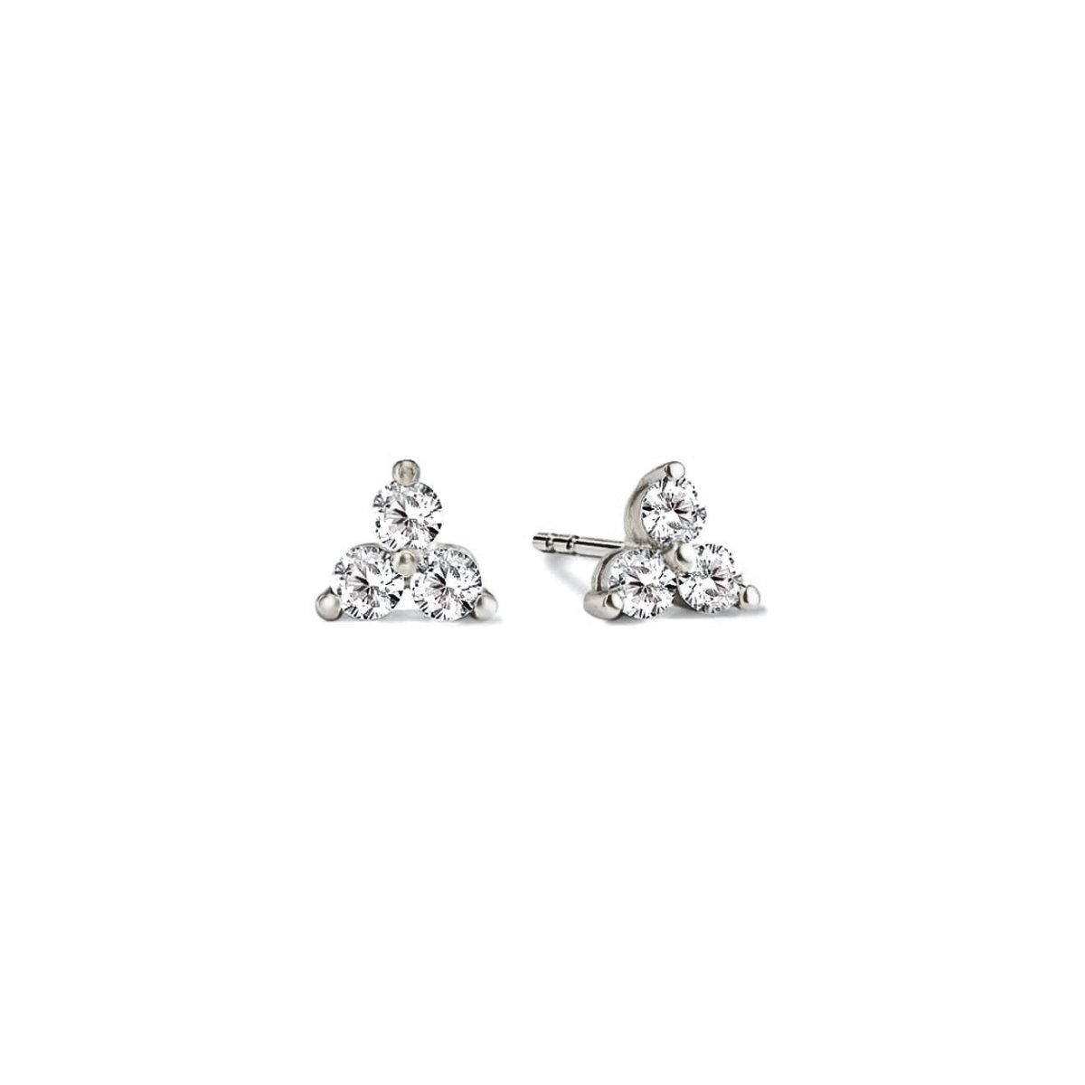 14K white gold three-stone zirconia cluster stud earrings, on a white background
