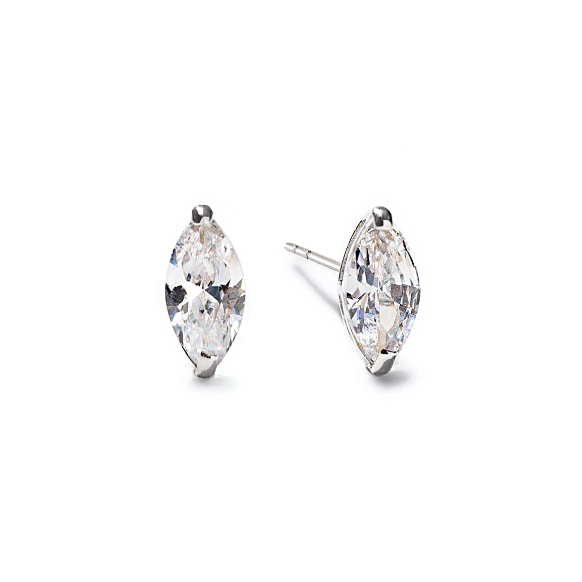 Pair of 14K white gold marquise white zirconia stud earrings, on a white background