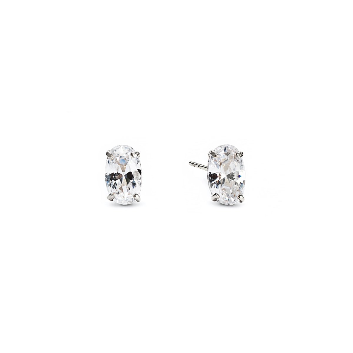 14K white gold oval stud earrings with clear white zirconia stones, on a white background