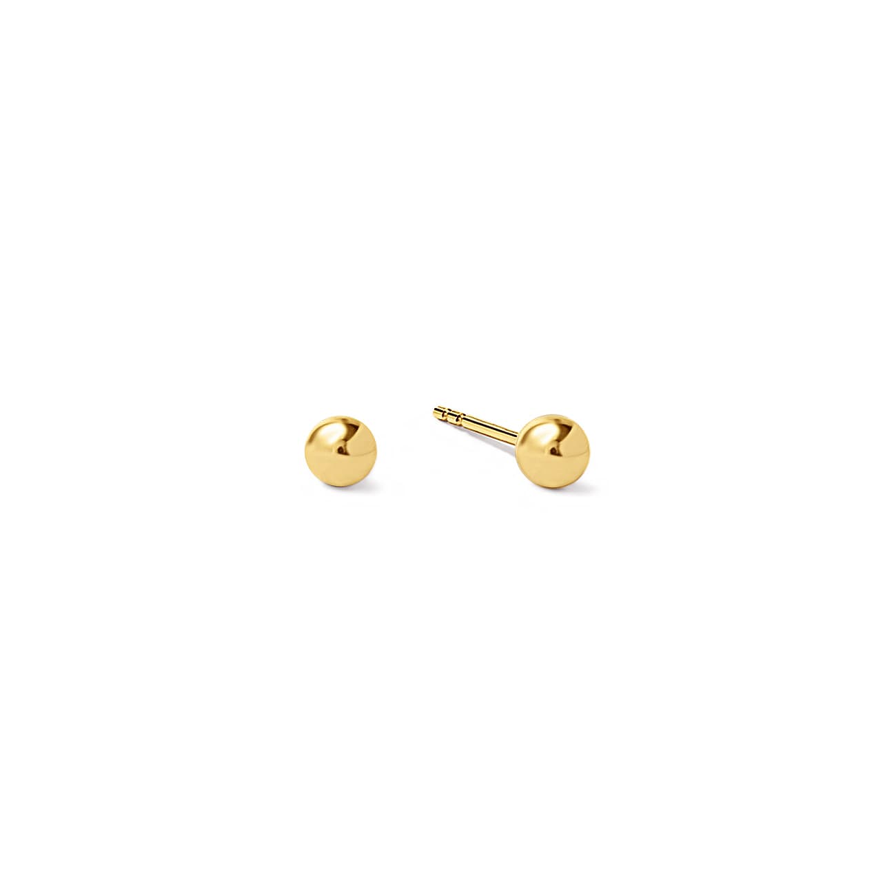 Pair of 14K gold tiny ball studs, front and side view, on a white background