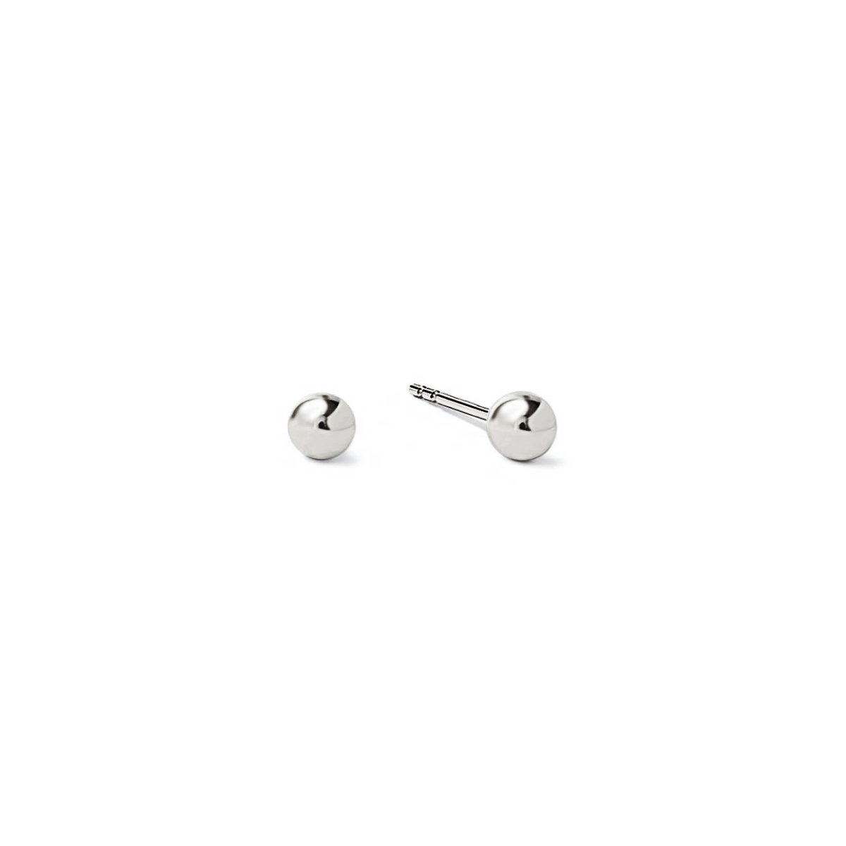 Pair of 14K white gold tiny ball studs, front and side view, on a white background