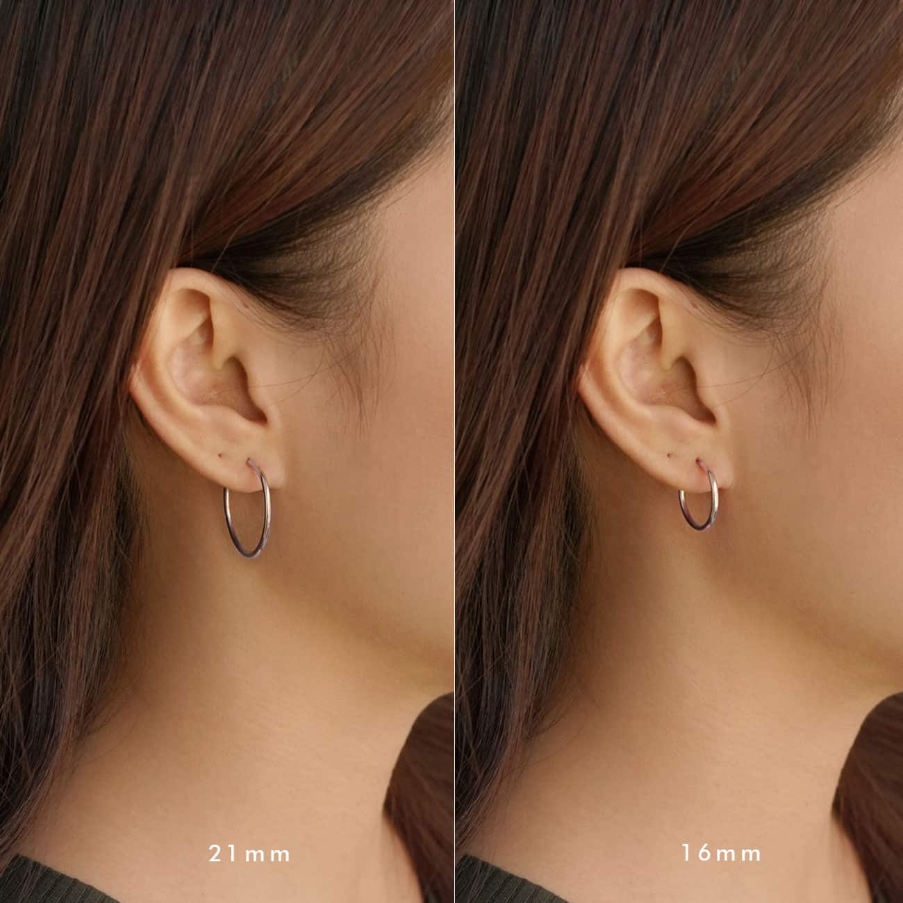14K white gold thin small hoops shown on a model's lobe, 21mm and 16mm size comparison