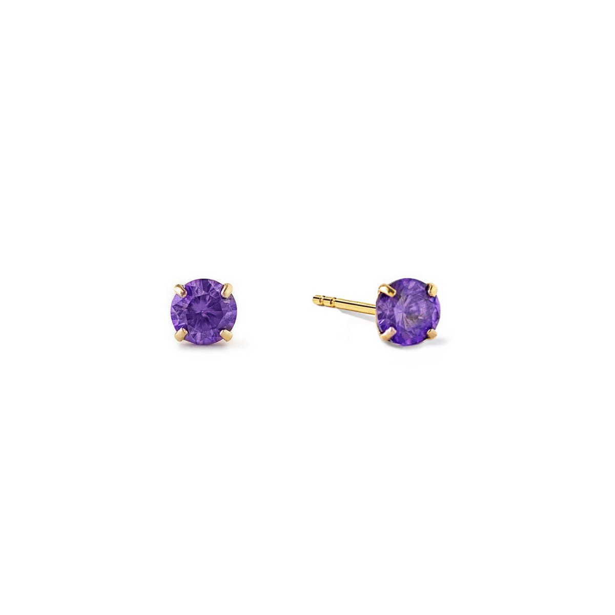 14K gold amethyst birthstone tiny studs with round purple stones, on a white background