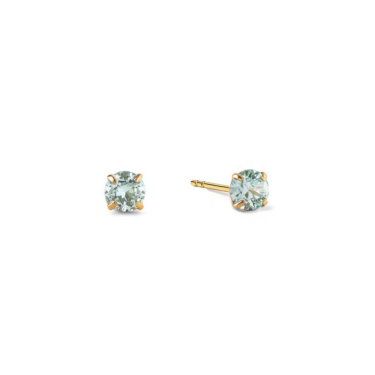 14K gold aquamarine birthstone tiny studs with round pale-blue stones, on a white background