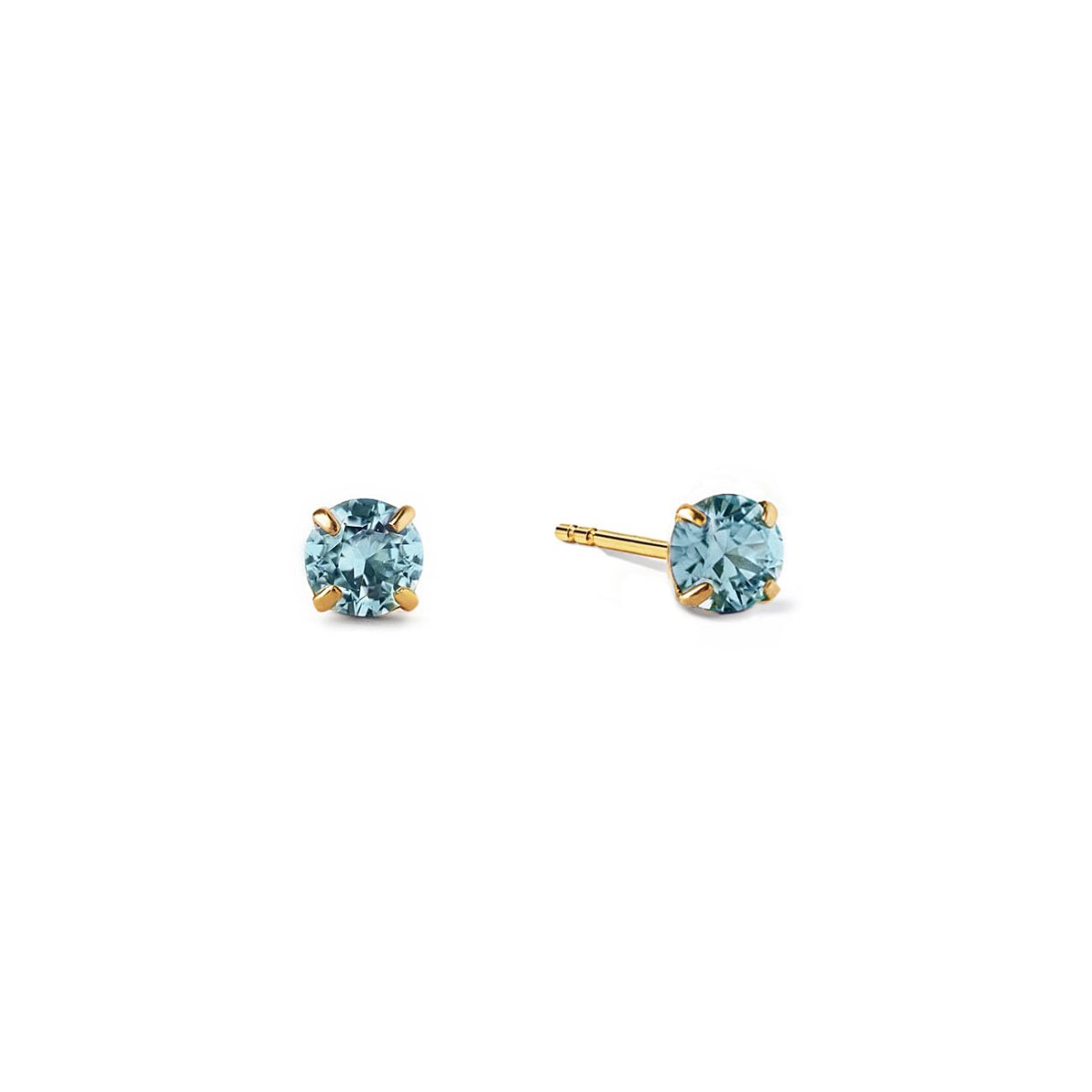 14K gold blue zircon birthstone tiny studs with round aqua-blue stones, on a white background