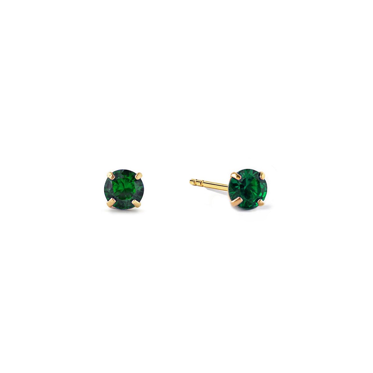 14K gold emerald tiny studs with round green stones in four-prong settings, on a white background