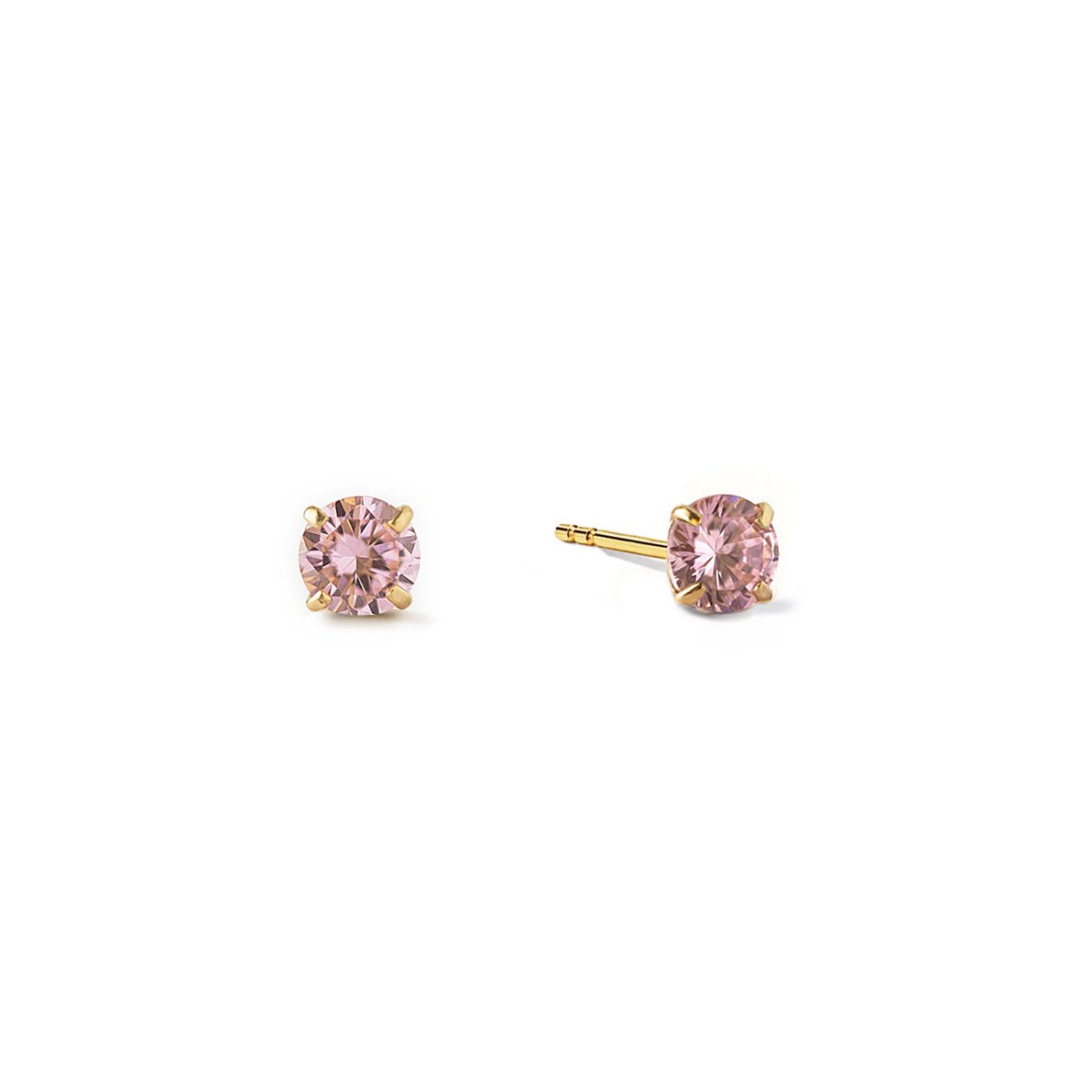 14K gold pink sapphire tiny studs with round pink stones in four-prong settings, on a white background