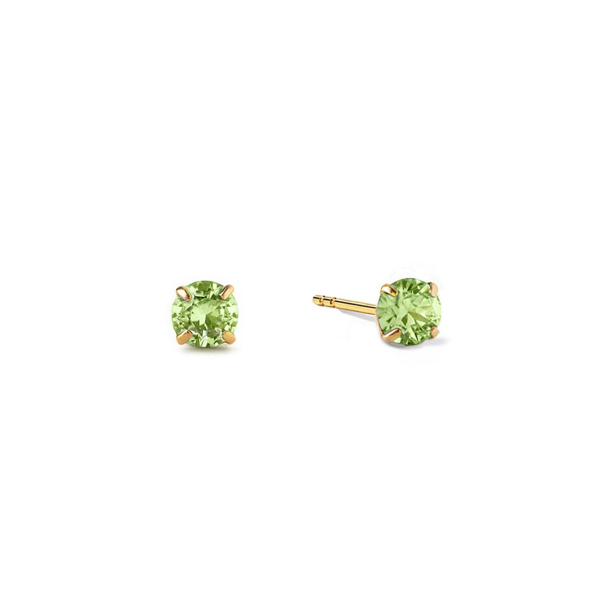 14K gold peridot tiny studs with round light green stones in four-prong settings, on a white background