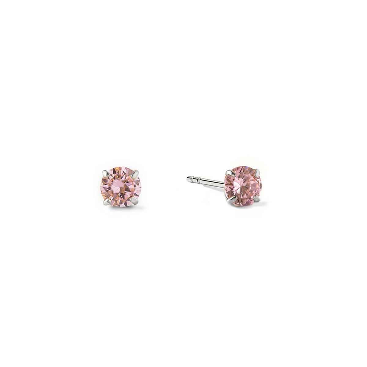 14K white gold pink sapphire tiny studs with round pink stones in four-prong settings, on a white background