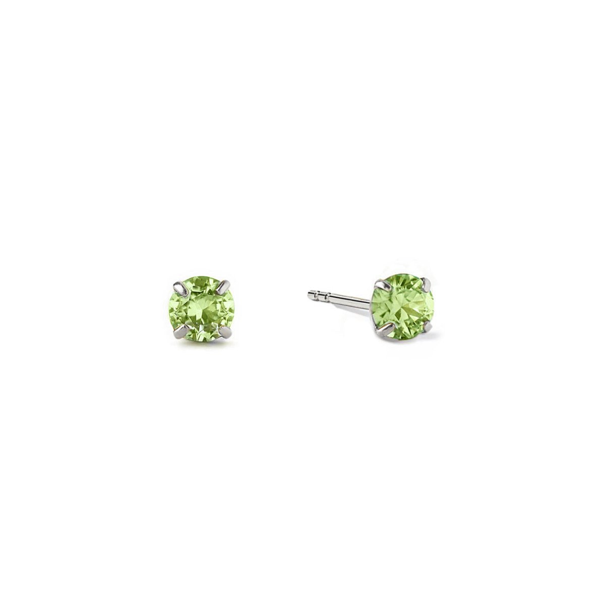 14K white gold peridot tiny studs with round light green stones in four-prong settings, on a white background