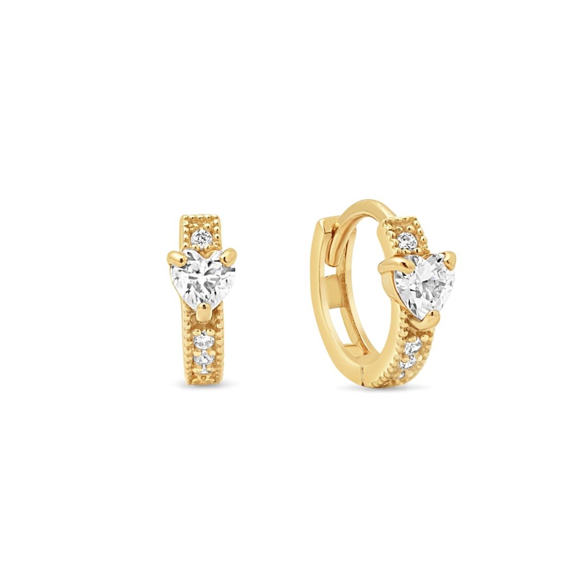 14K gold heart huggie hoops with a white zirconia heart stone and accent stones, on a white background