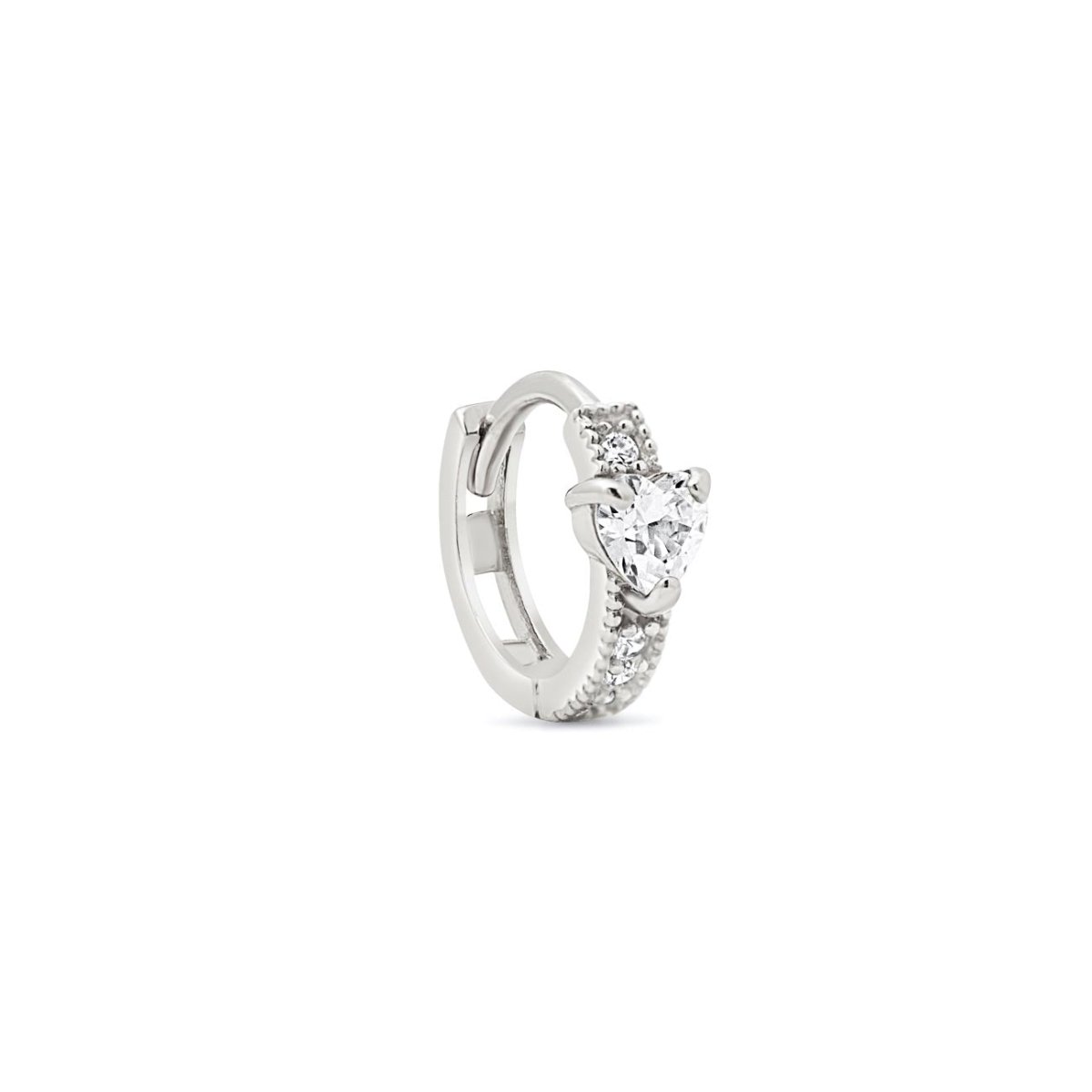 14K white gold heart huggie hoop with a clear zirconia heart and pavé band, on a white background