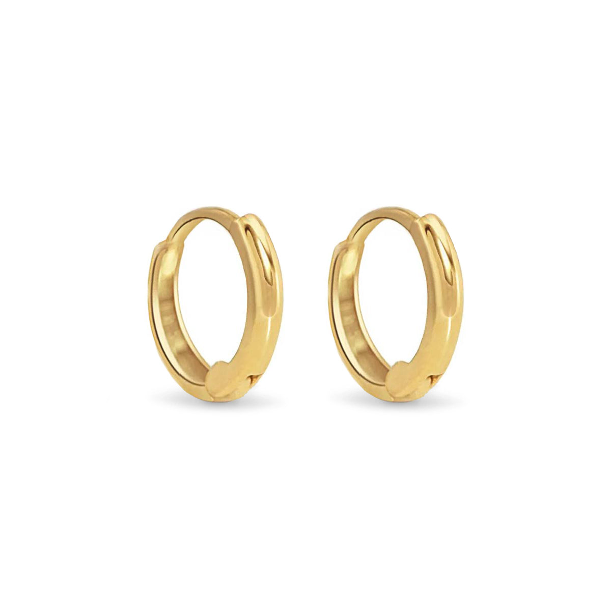 Pair of 14K gold mini huggie hoop earrings with a hinged closure, on a white background