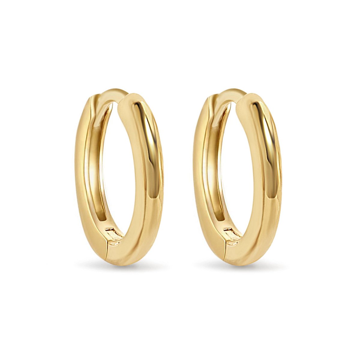 Pair of gold vermeil thin mini hoop earrings with a hinged closure, on a white background