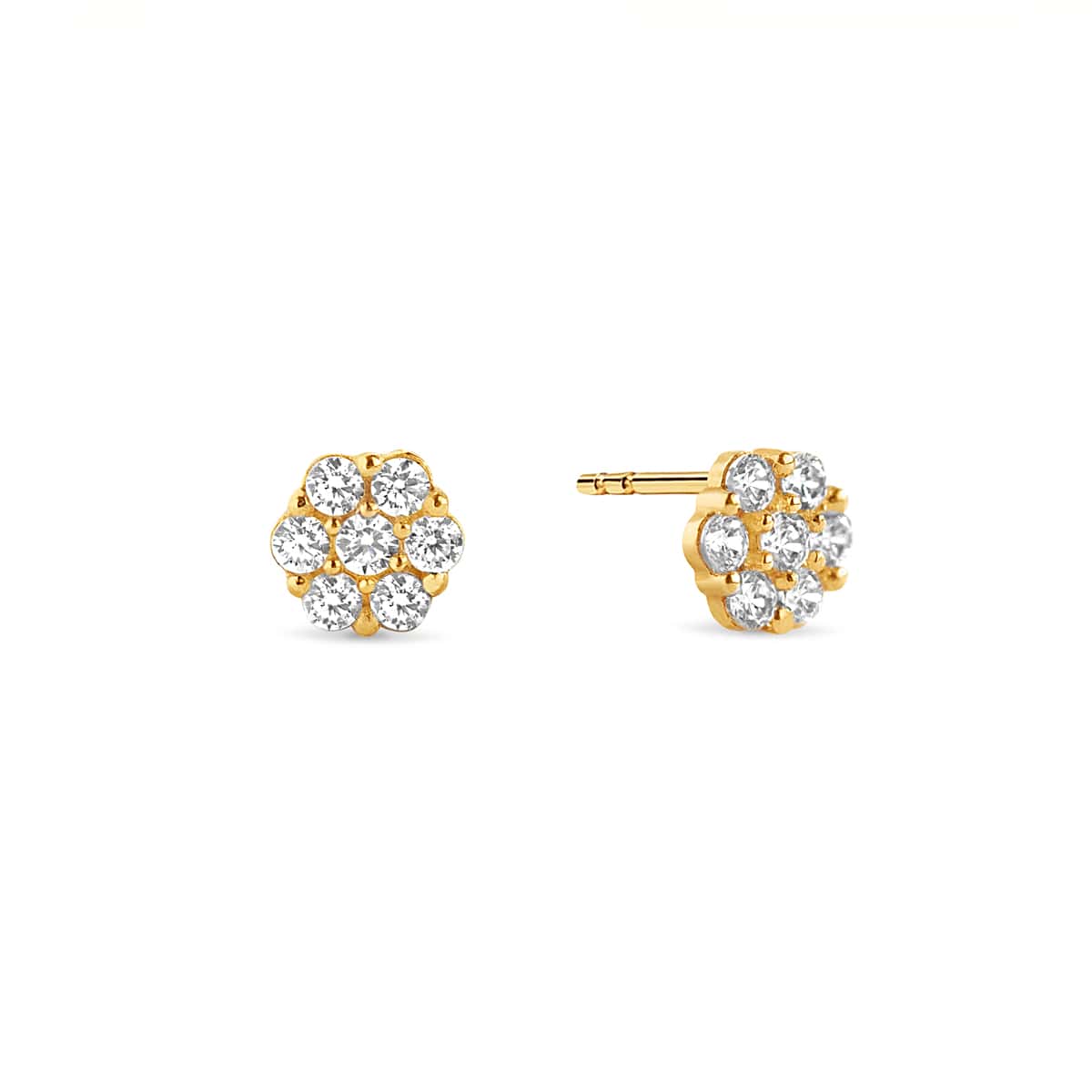 Pair of 14K gold pavé disc studs with clustered round clear stones, on a white background