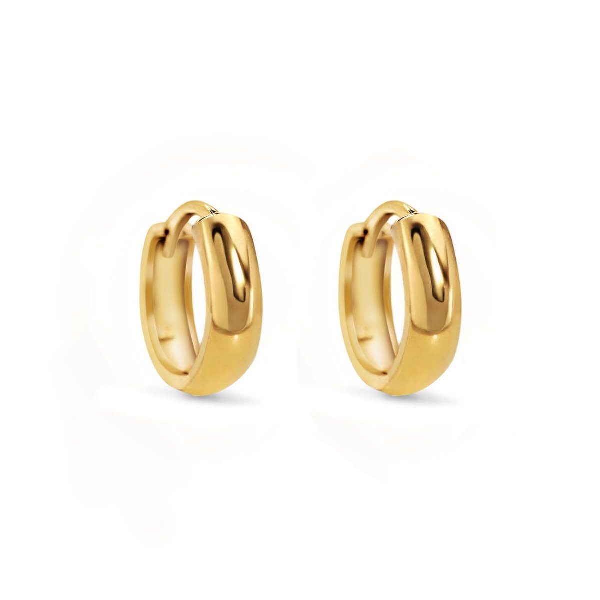 Gold vermeil huggie hoop earrings with a smooth domed band, on a white background