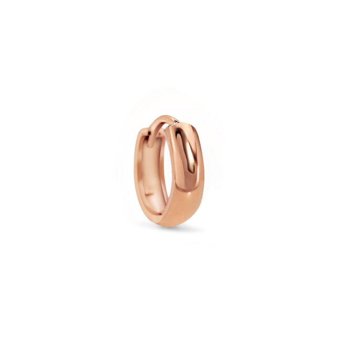 14K rose gold single huggie hoop with a wide tapered band, on a white background