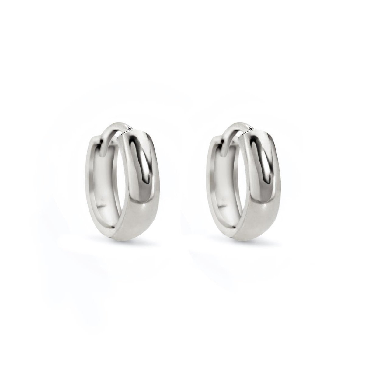 Sterling silver thick huggie hoop earrings with a hinged closure, on a white background