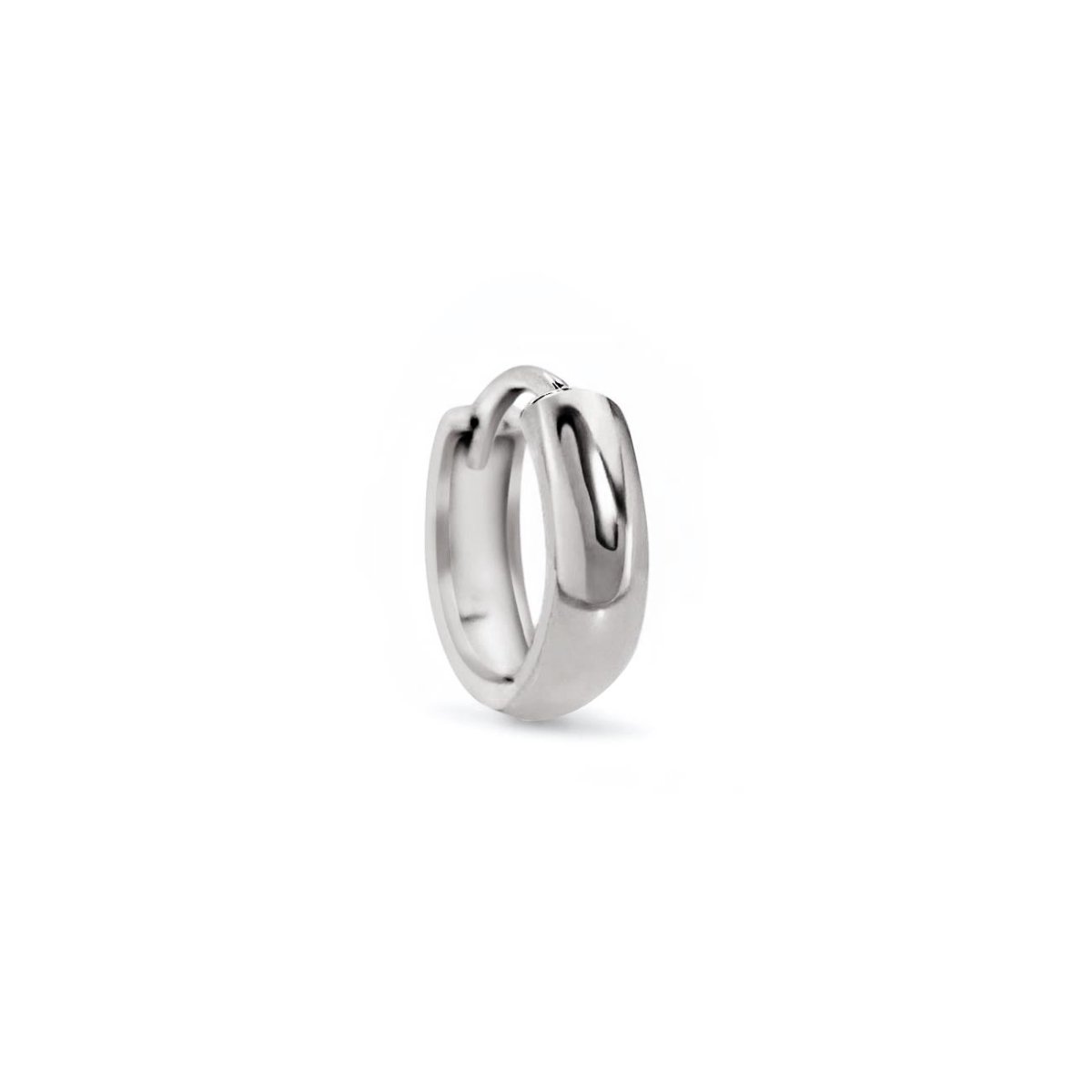 14K white gold single huggie hoop with a wide tapered band, on a white background