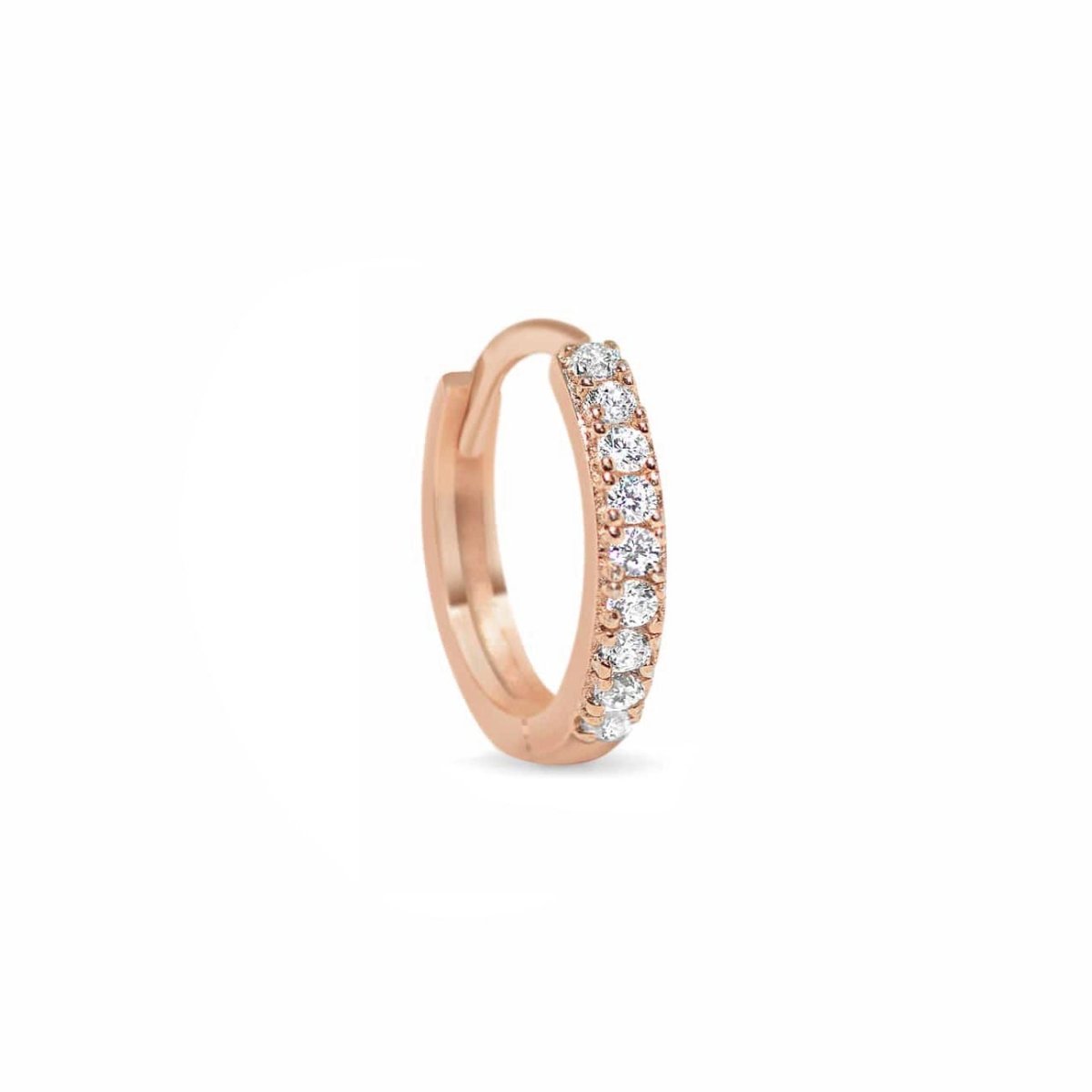 14K rose gold pavé huggie hoop with round moissanite stones, on a white background