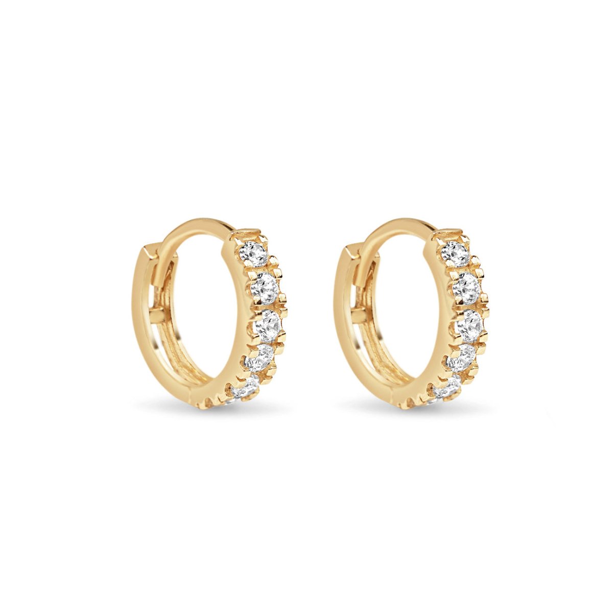 14K gold pavé huggie hoops set with round moissanite stones, on a white background