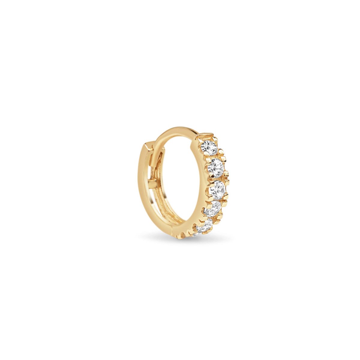 Single 14K gold pavé huggie hoop with round clear cubic zirconia, on a white background