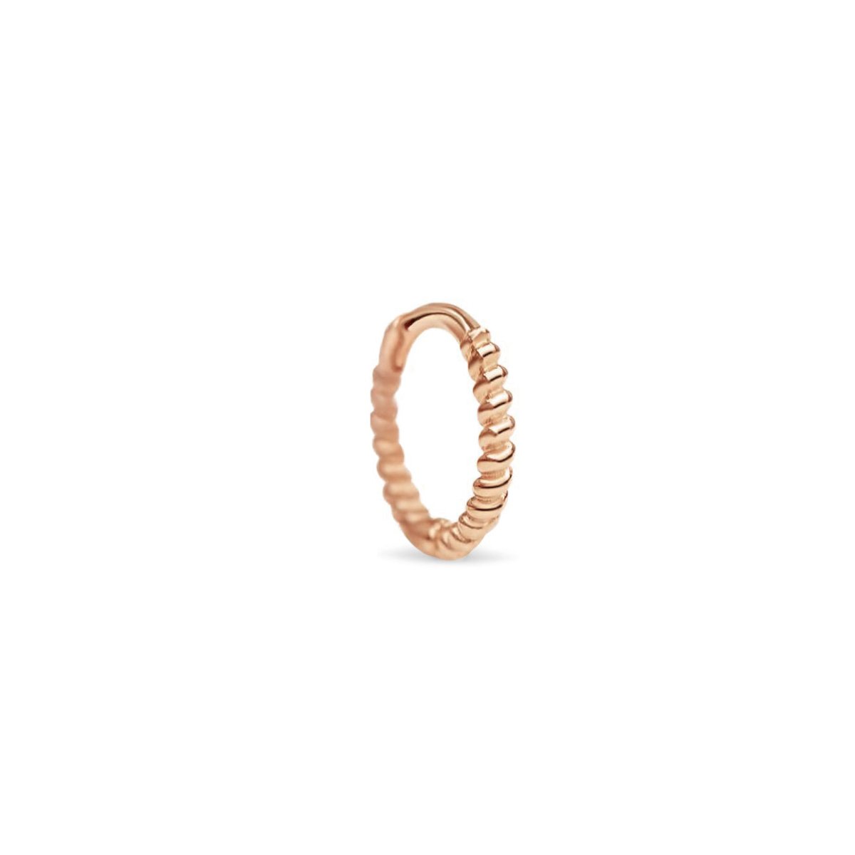 14K rose gold rope-twist cartilage clicker hoop earring, on a white background