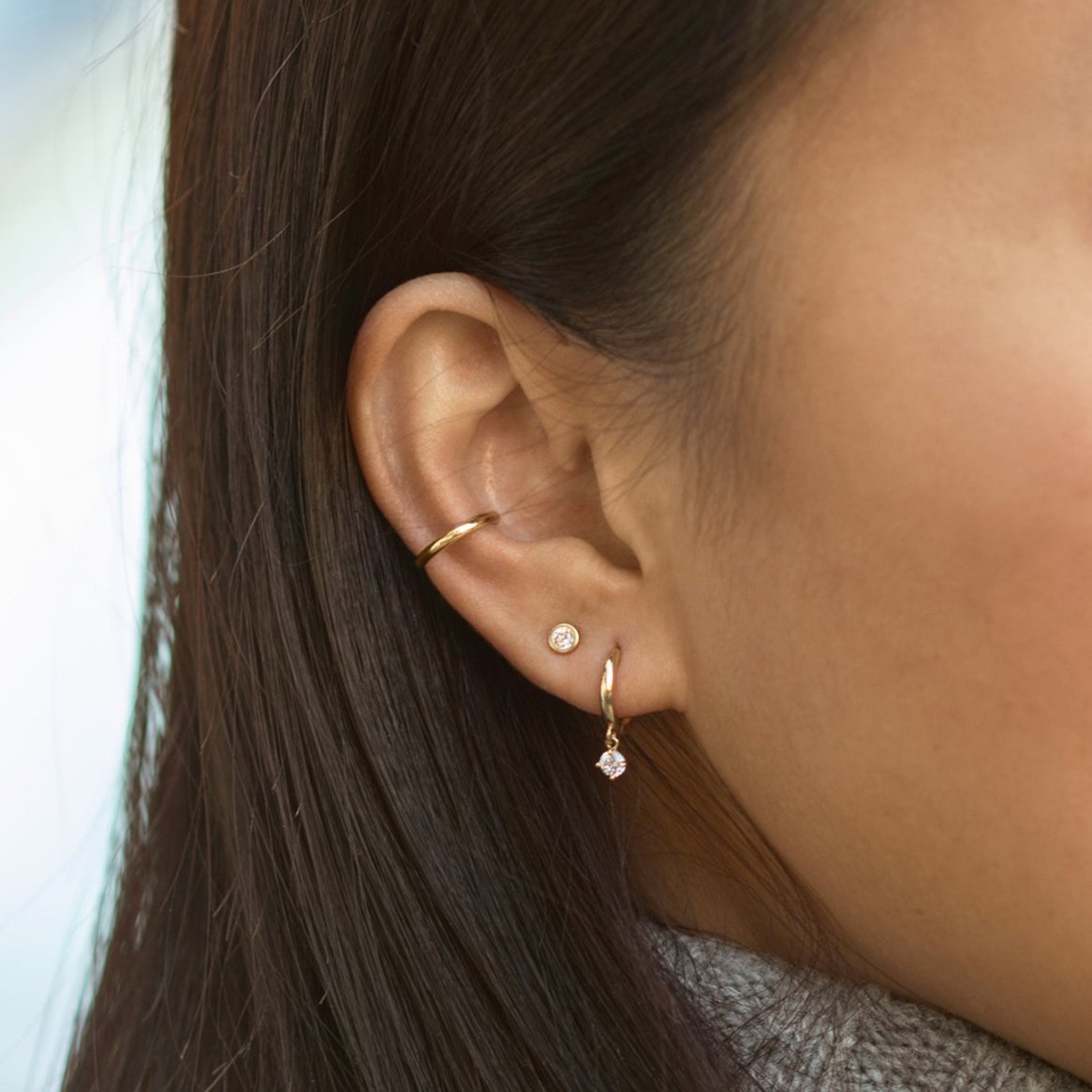 14K Gold CZ Dangle Earring, Bezel Stud Earring and Eternity Ear Cuff