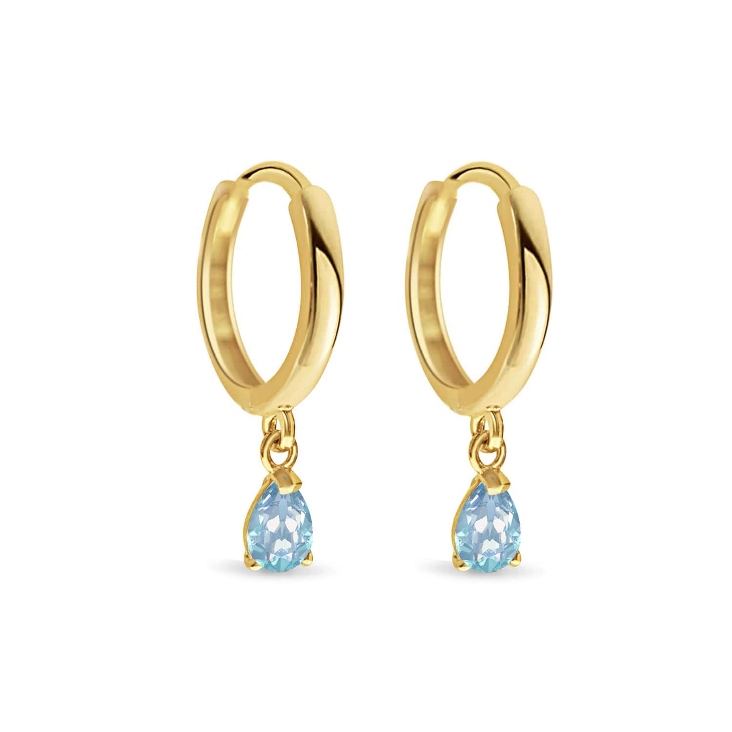 Pair of 14K gold huggie hoops with pear-cut aquamarine drops, on a white background