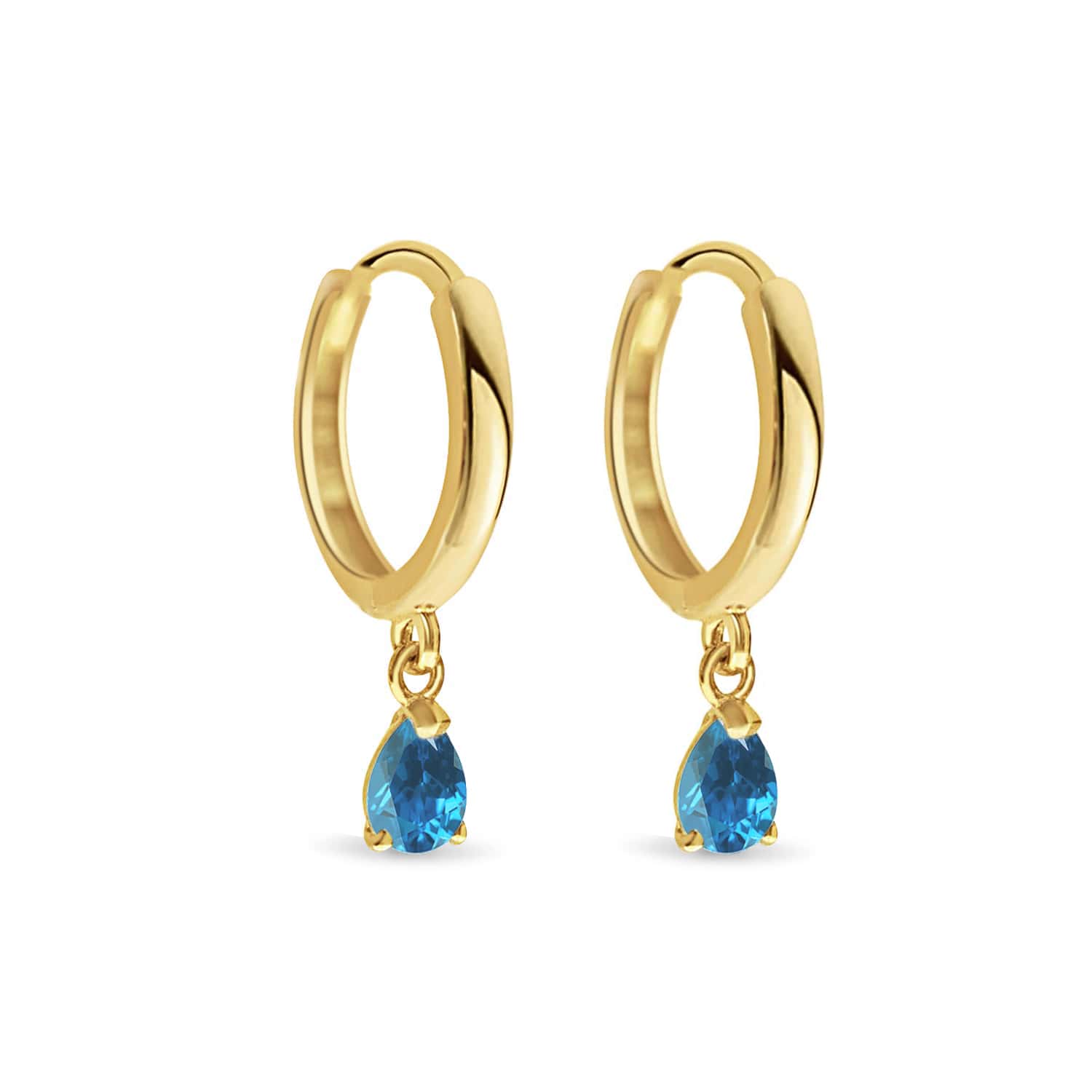 Pair of 14K gold huggie hoops with pear-cut blue zircon drops, on a white background