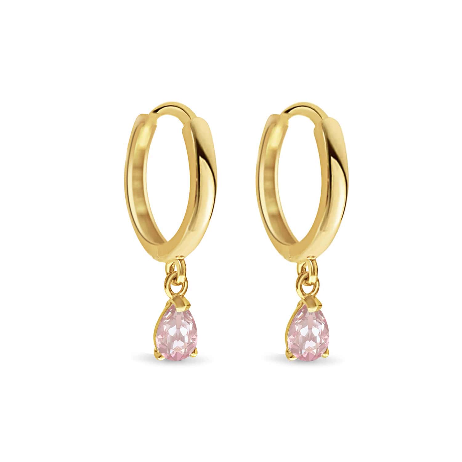 Pair of 14K gold huggie hoops with pear-cut pink sapphire drops, on a white background