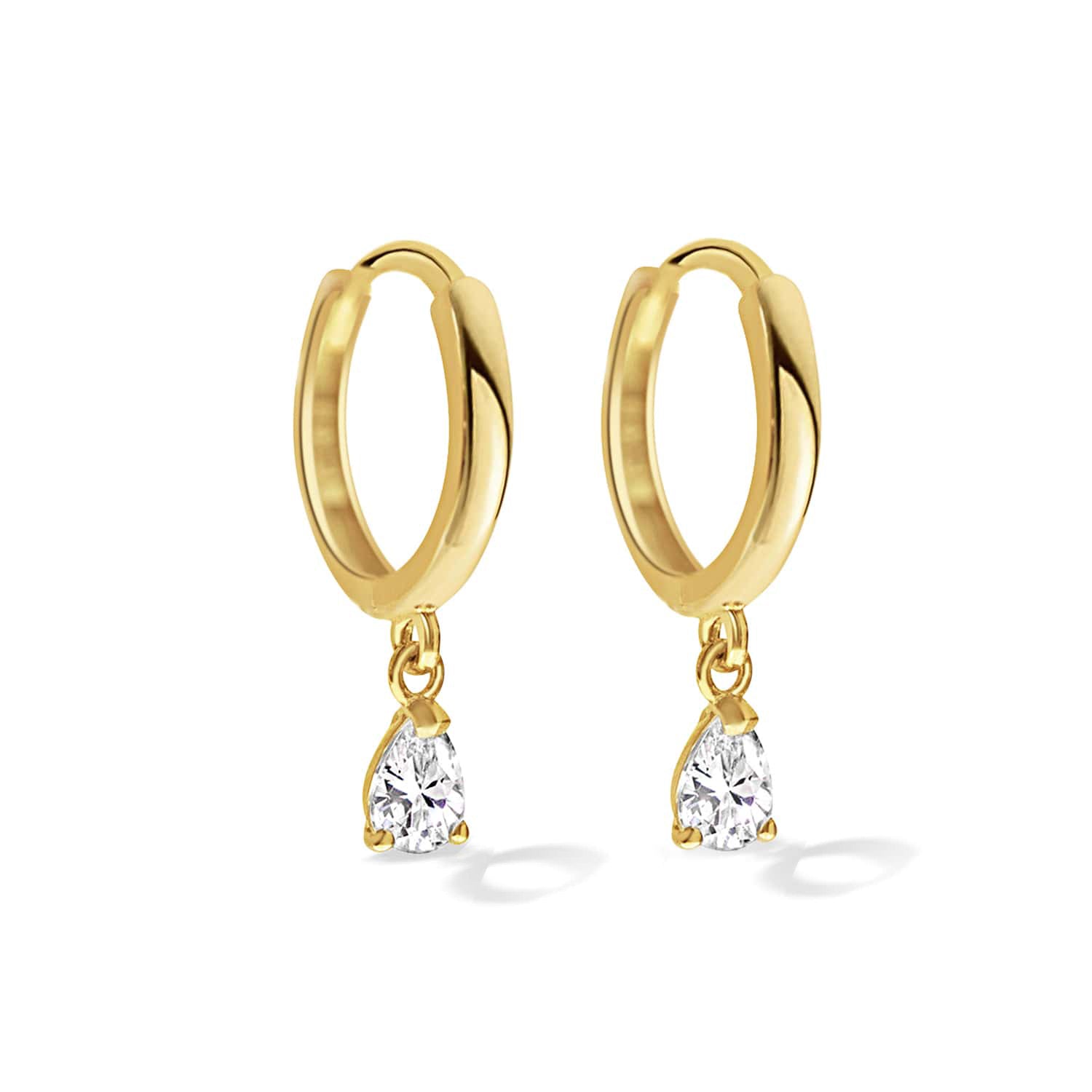 14K gold huggie hoops with dangling pear-cut moissanite drops, on a white background