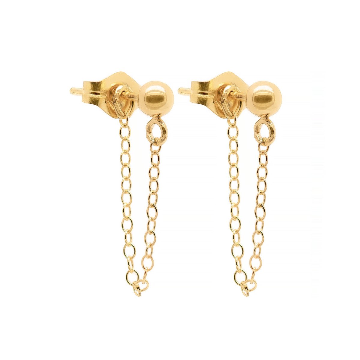 Pair of gold vermeil ball-stud chain huggie earrings with a draped back chain, on a white background