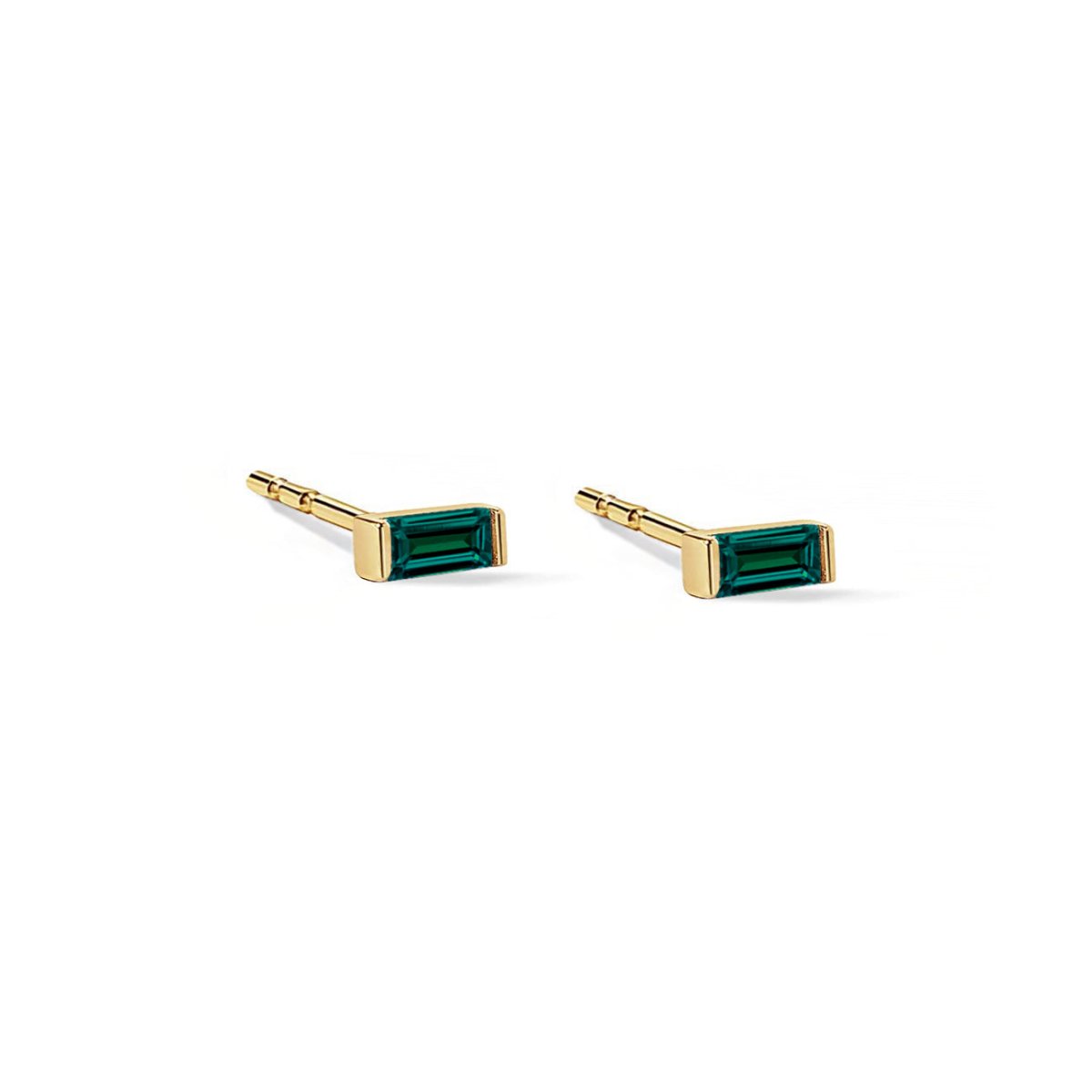 14K gold baguette stud earrings with green emerald stones, on a white background
