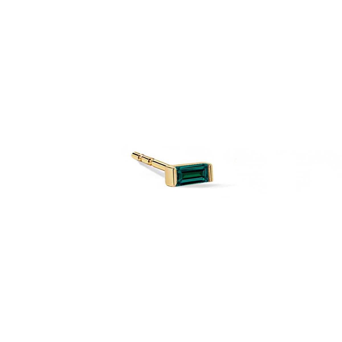 14K gold single baguette stud with an emerald, on a white background