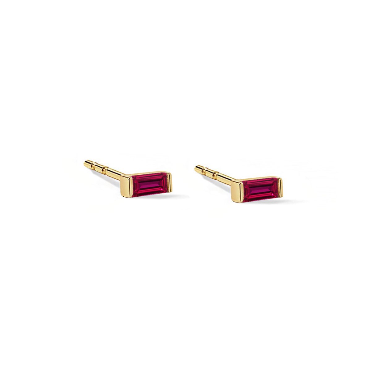 14K gold baguette stud earrings with red ruby stones, on a white background