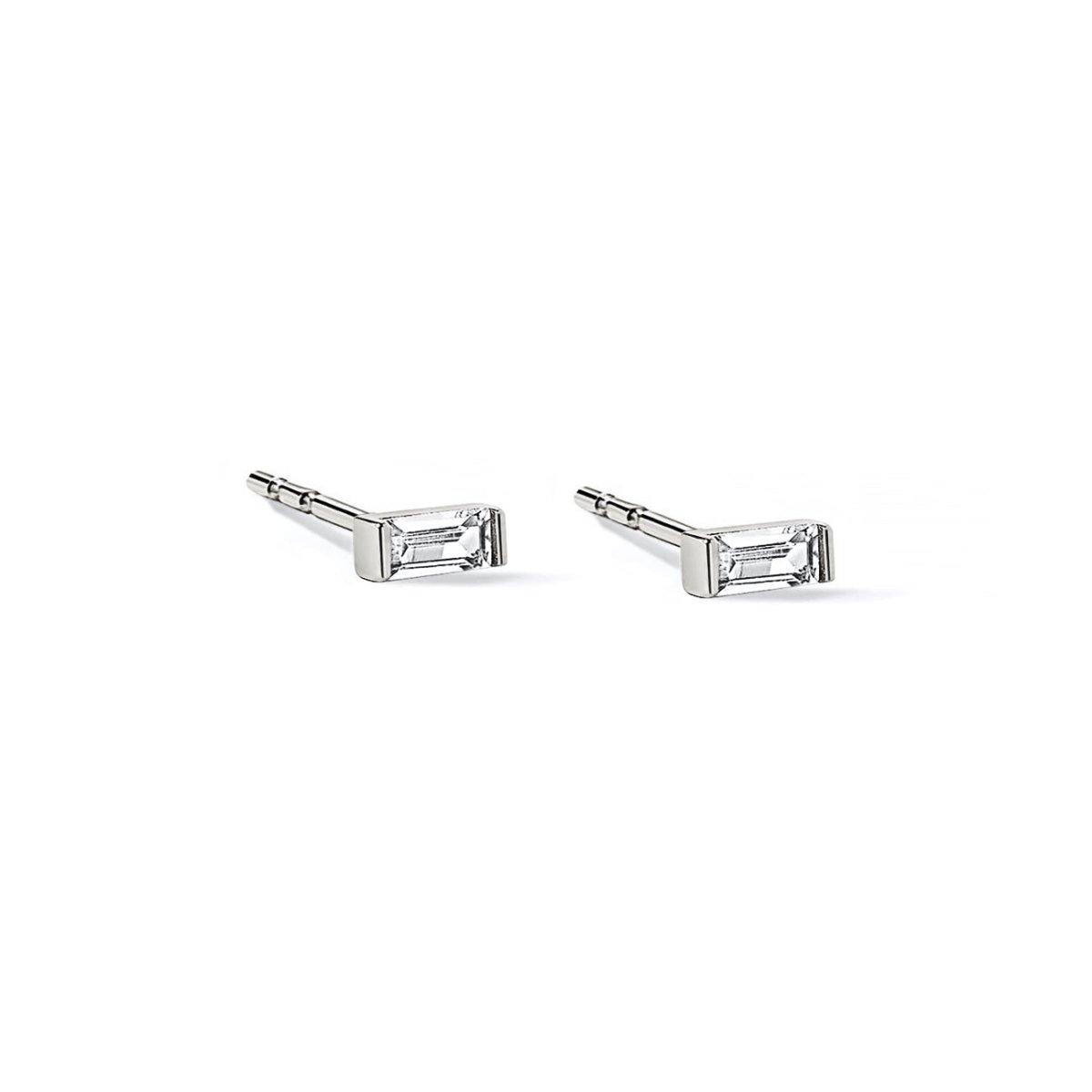 Pair of 14K white gold baguette studs with clear white zirconia stones, on a white background