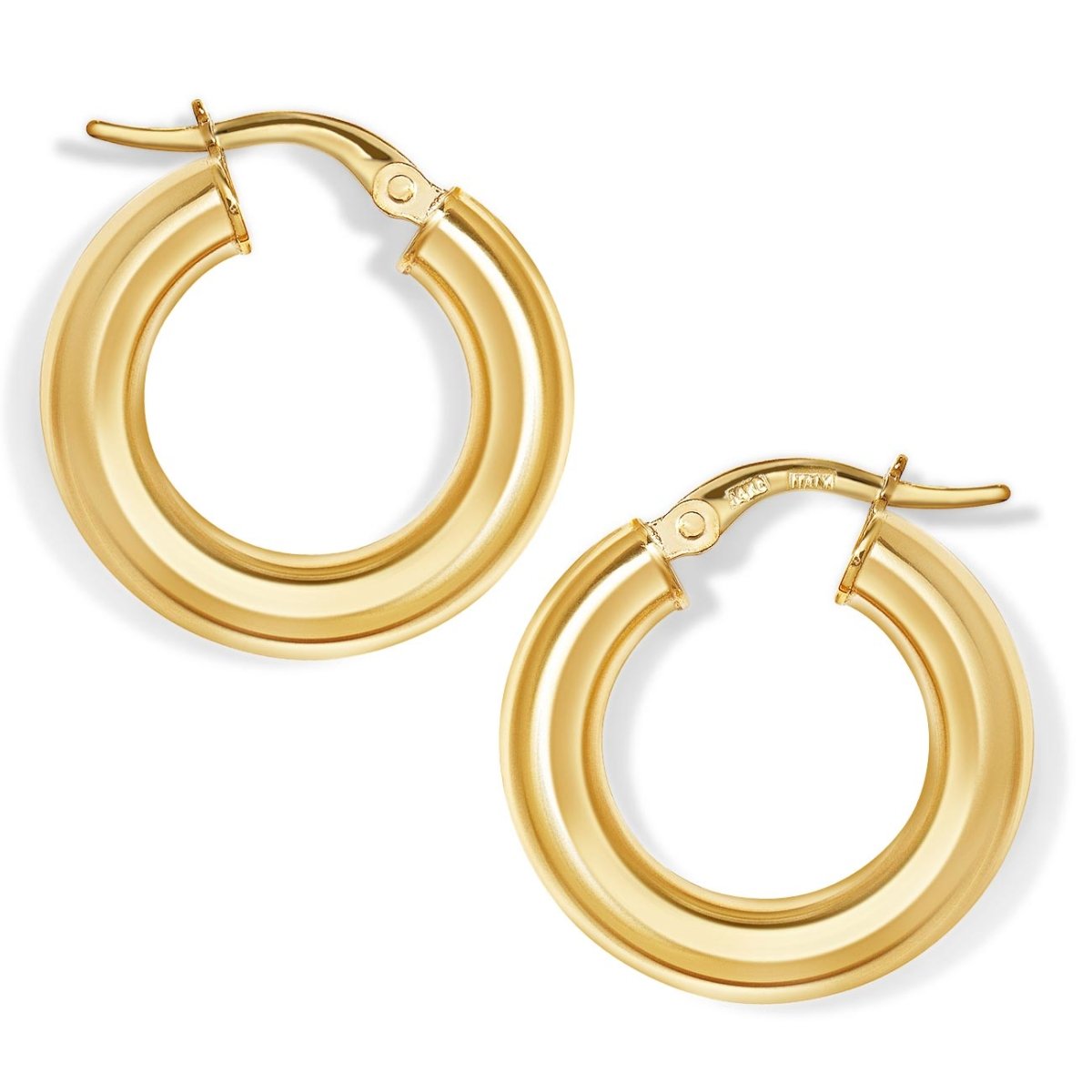 14K gold thick chunky hoop earrings with a hinged latch back, close-up detail on a white background